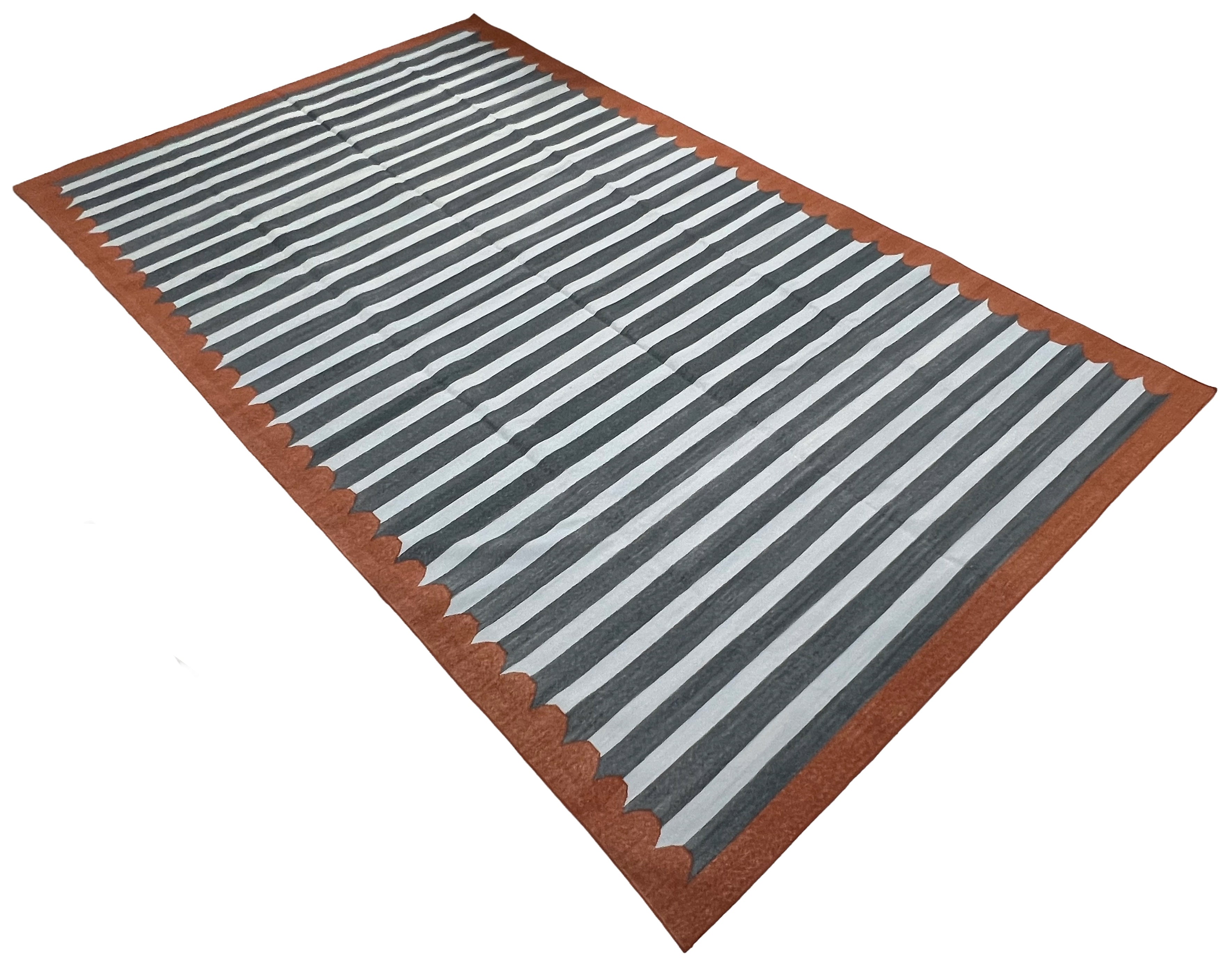 Modern Handmade Cotton Sky Blue, Gray And Terracotta Scalloped Striped Area Rug-6831