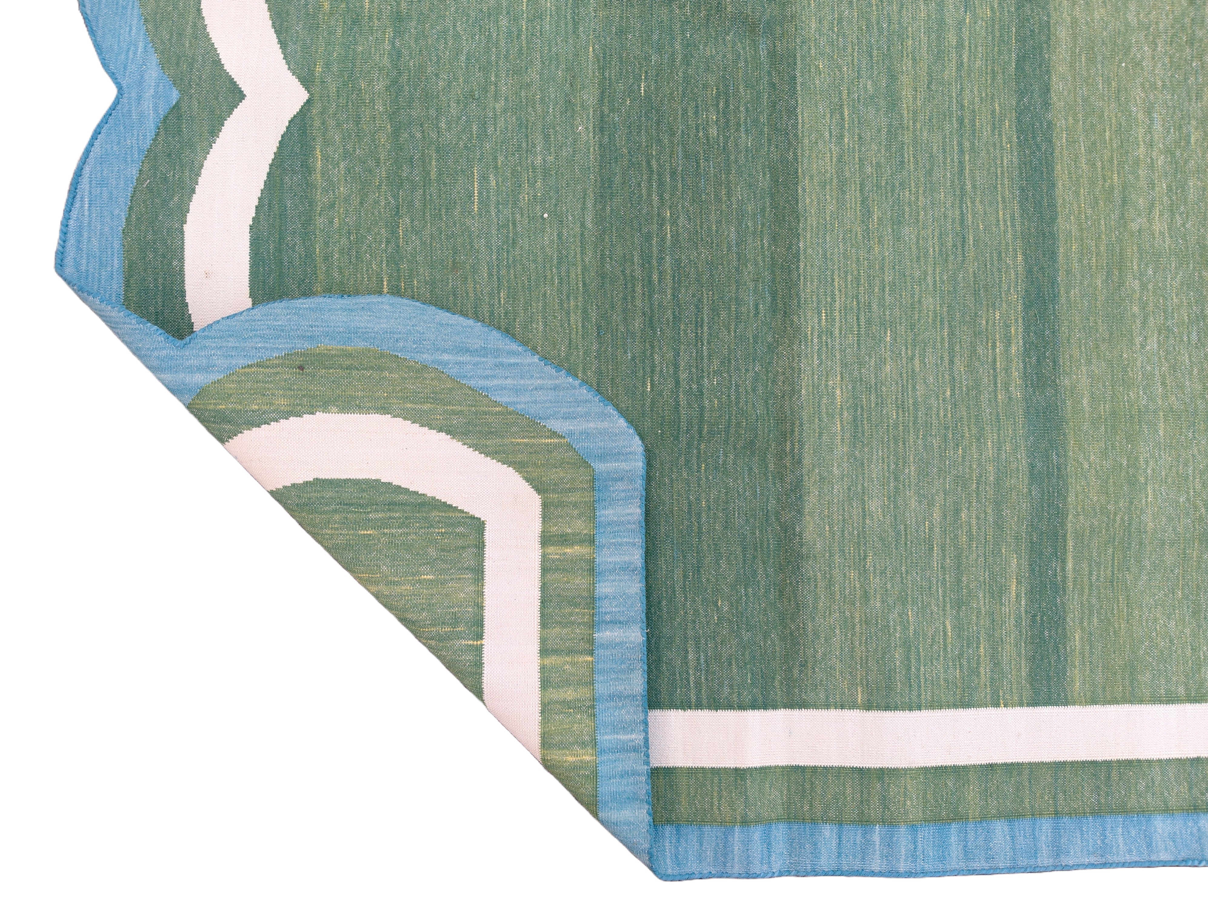 Modern Handmade Cotton Green, Cream and Teal Blue Scalloped Rug-9662