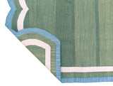 Modern Handmade Cotton Green, Cream and Teal Blue Scalloped Rug-9662