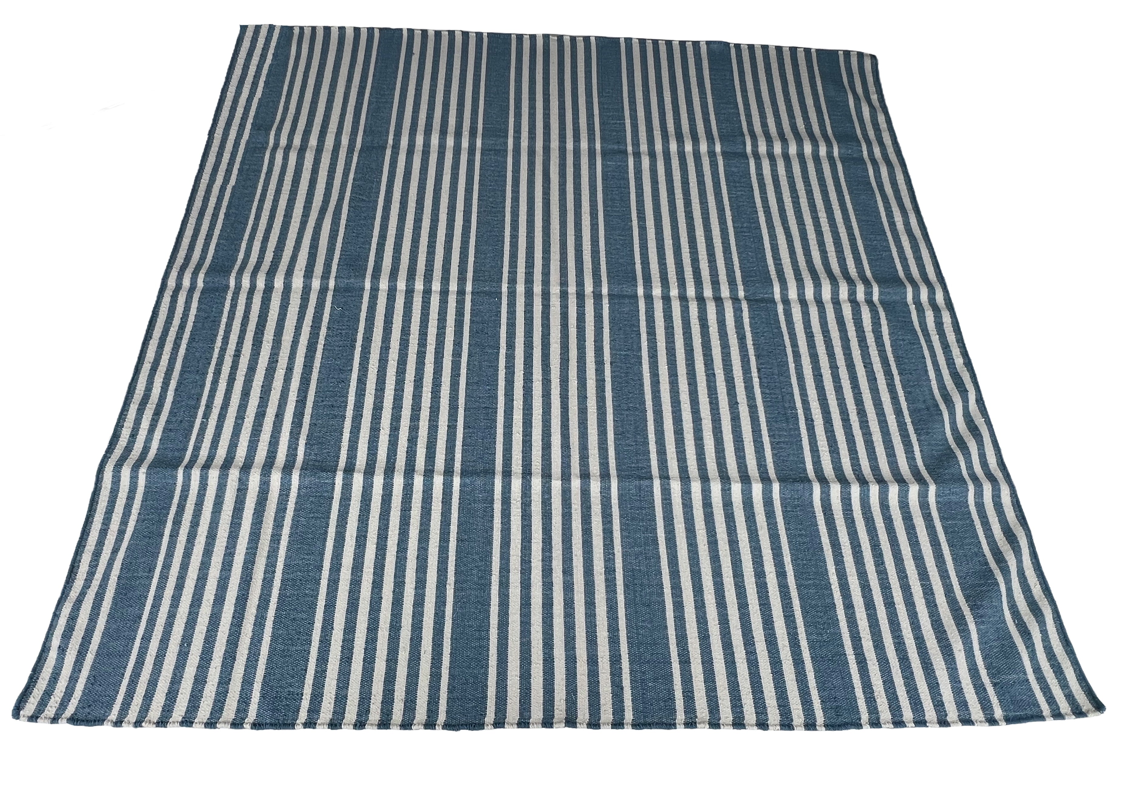 Modern Handmade Thick Woolen Sky Blue And White Striped Rug-6833