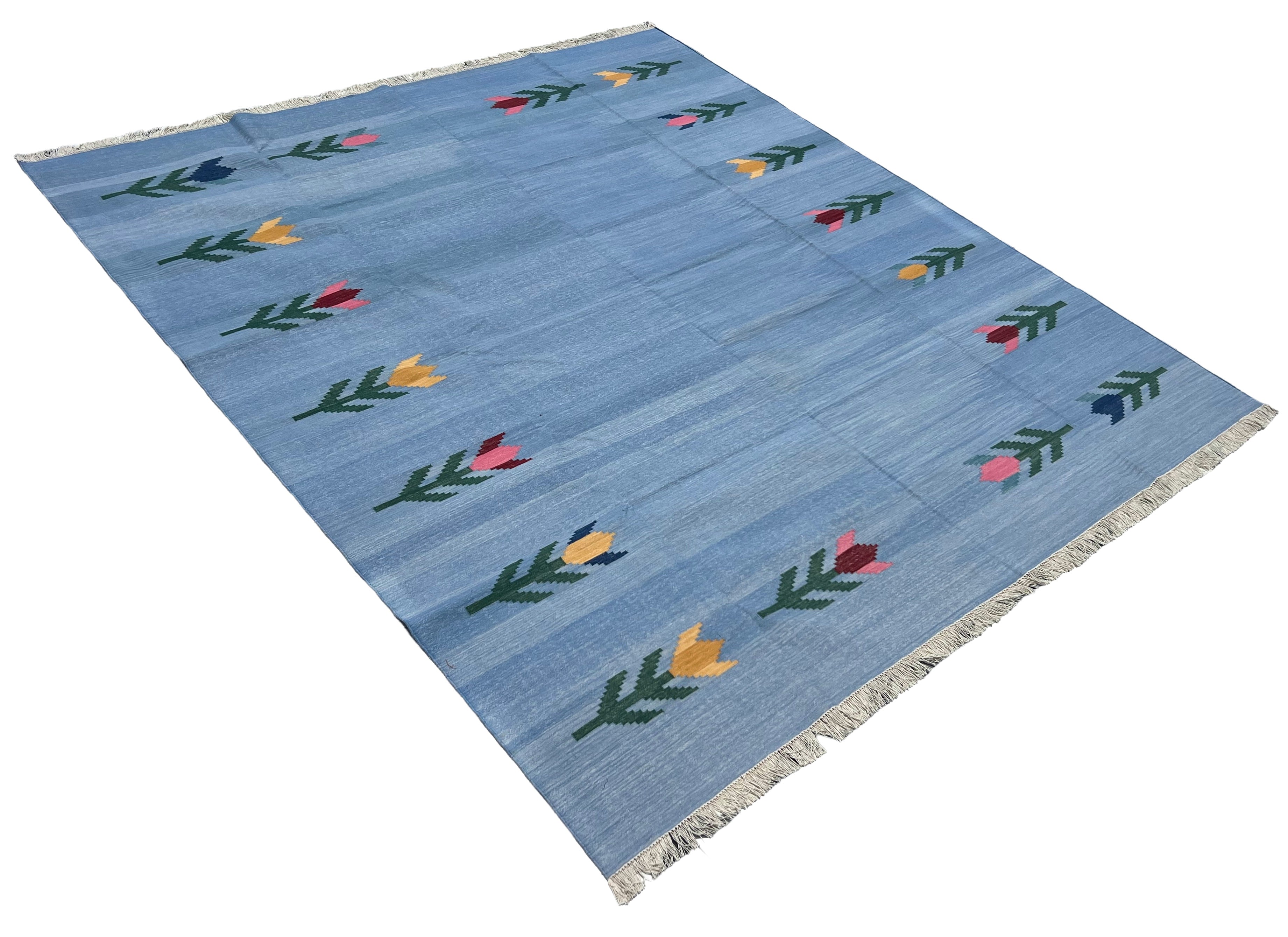 Modern Handmade Cotton Sky Blue Leaf Patterned Area Rug-6839