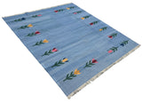 Modern Handmade Cotton Sky Blue Leaf Patterned Area Rug-6839