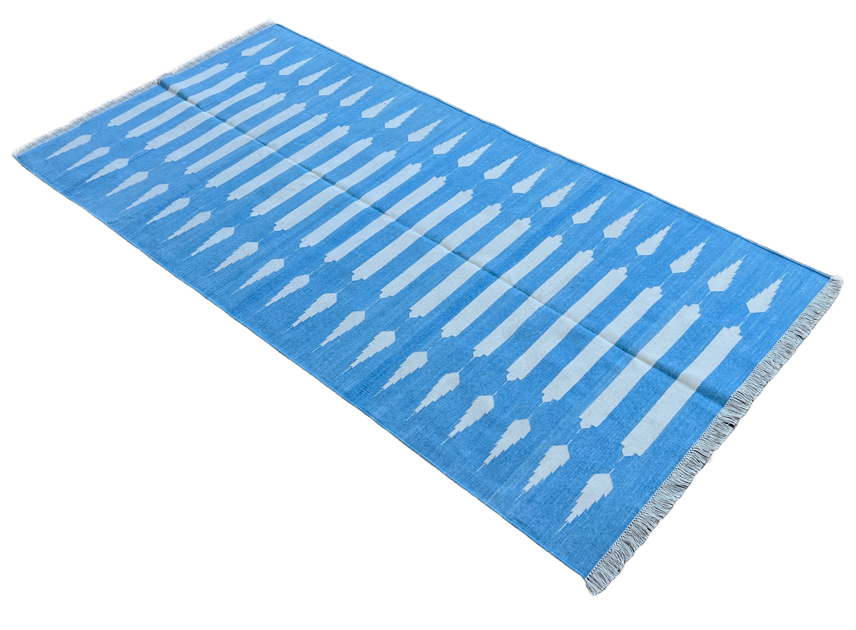 Modern Handmade Cotton Sky Blue And White Striped Dhurrie Runner-6792