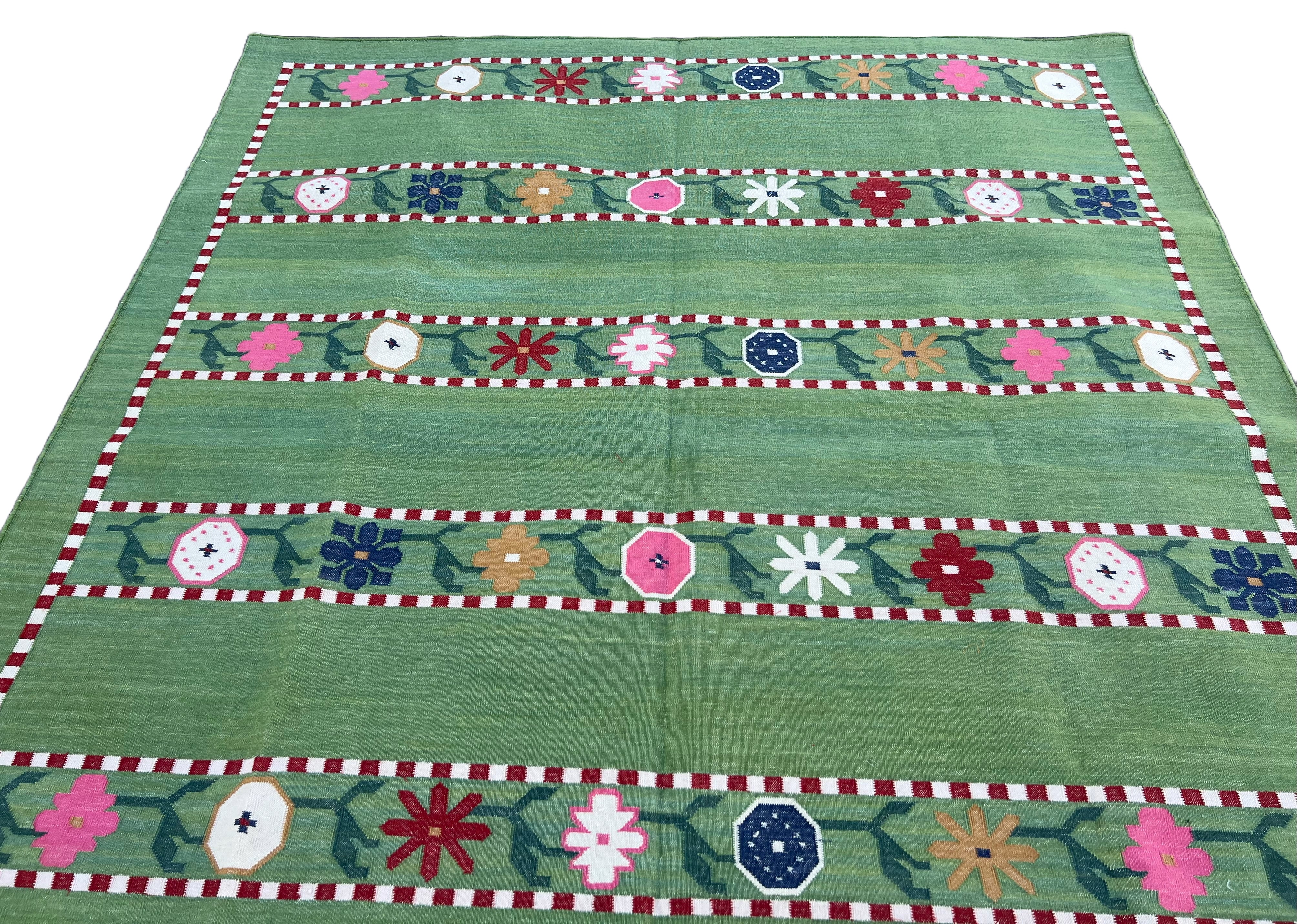 Modern Handmade Cotton Area Rug, Green And Red Flower Indian Dhurrie-6547