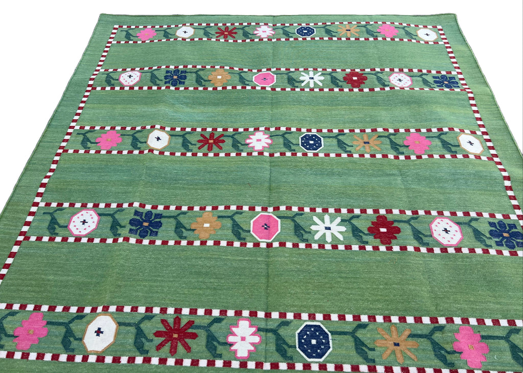 Modern Handmade Cotton Area Rug, Green And Red Flower Indian Dhurrie-6 ...
