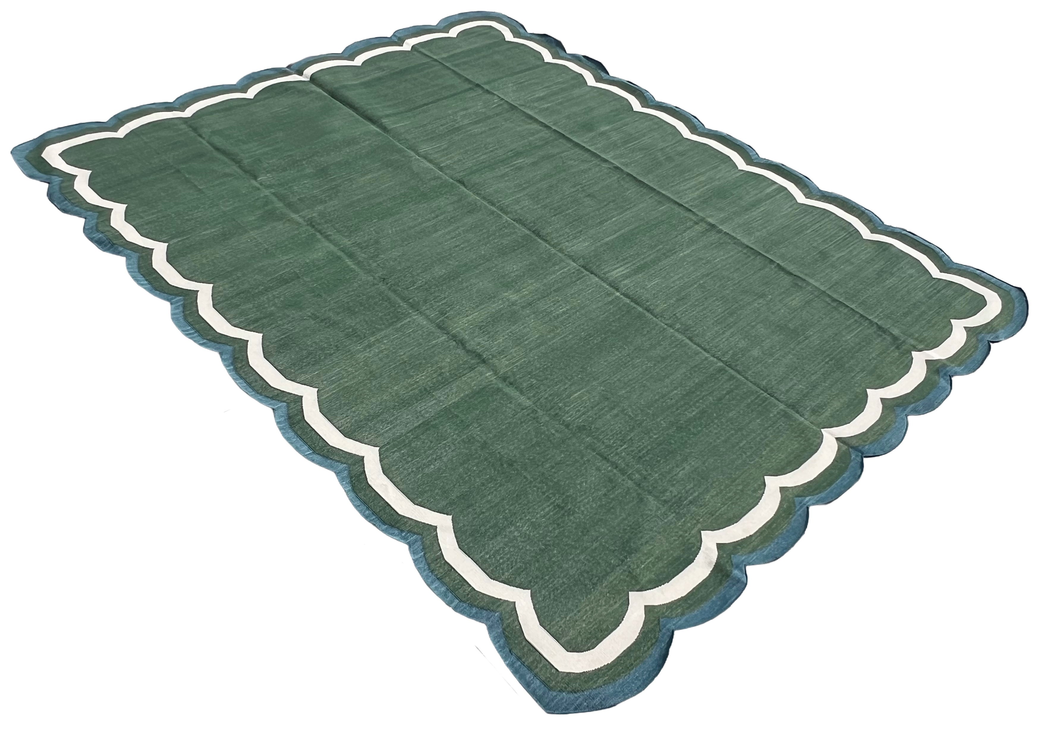 Modern Handmade Cotton Forest Green, Cream And Teal Blue 4 Sided Scalloped Rug-9670