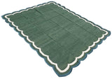 Modern Handmade Cotton Forest Green, Cream And Teal Blue 4 Sided Scalloped Rug-9670