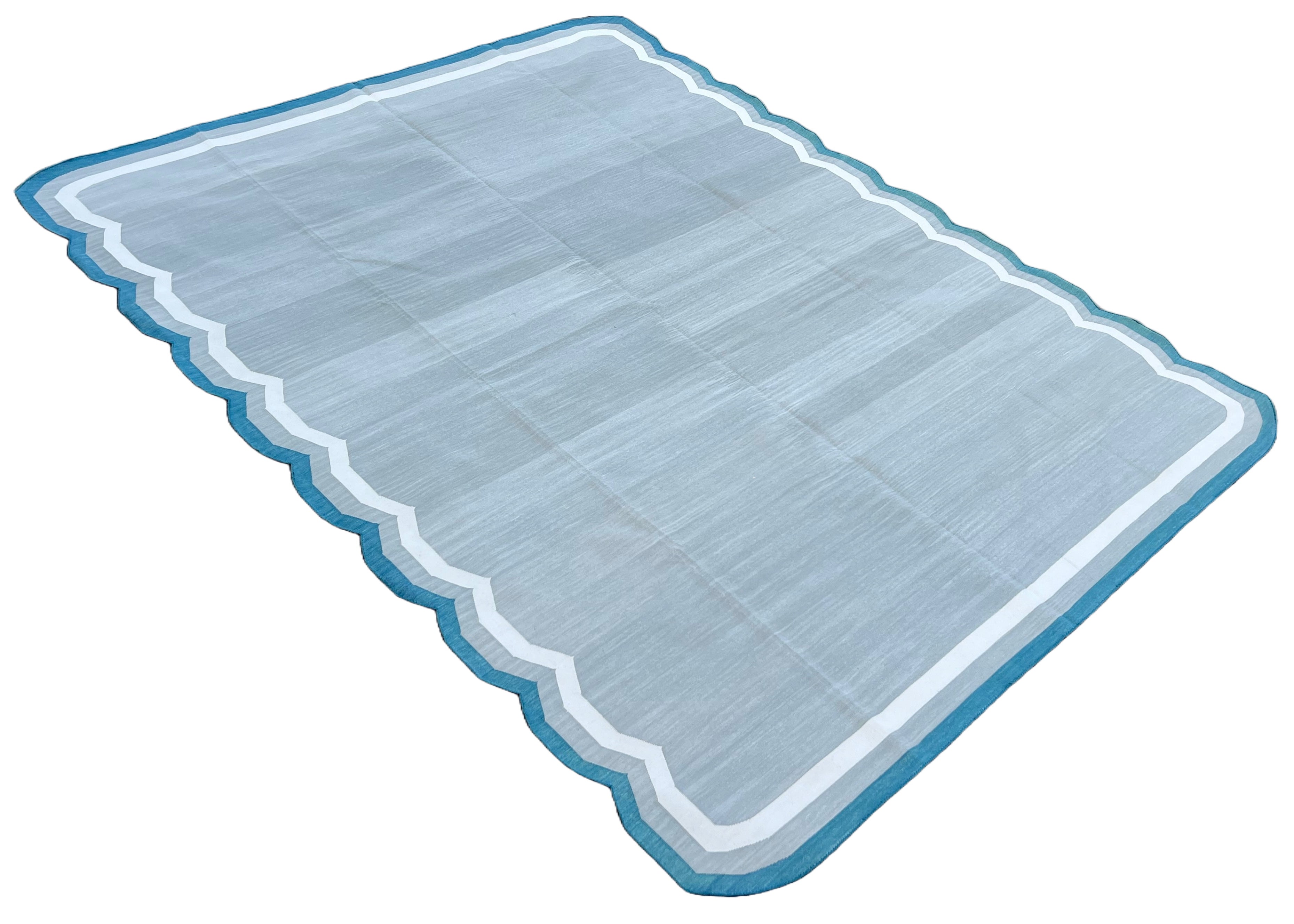 Modern Handmade Cotton Gray, Cream and Teal Blue Scalloped Rug-9661