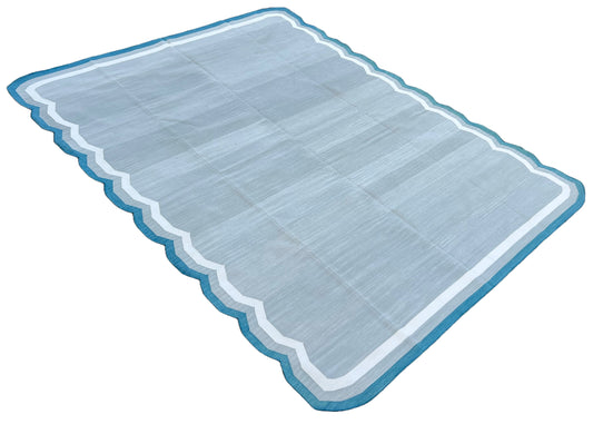 Modern Handmade Cotton Gray, Cream and Teal Blue Scalloped Rug-9661