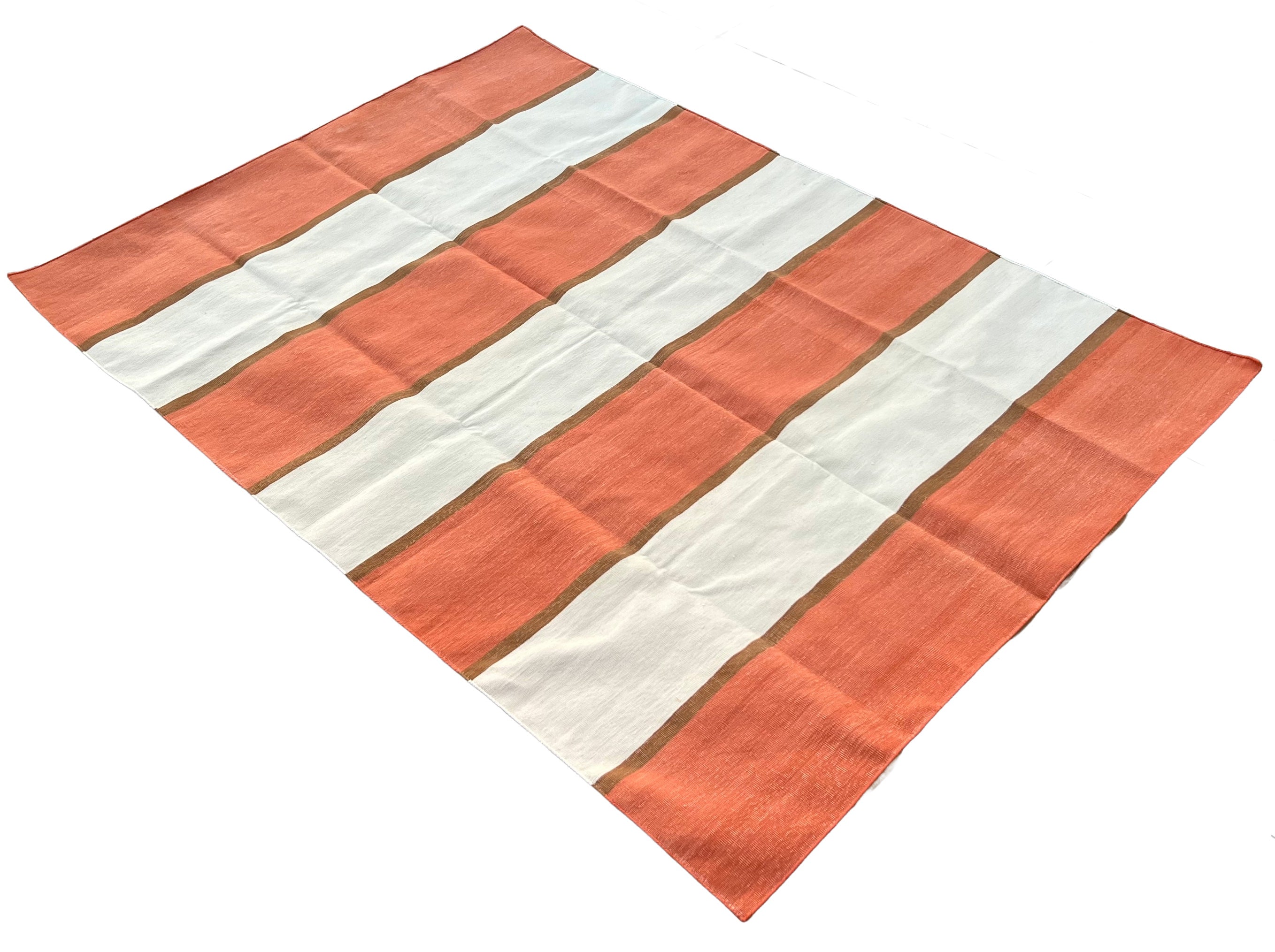 Modern Handmade Cotton Orange, Cream And Tan Striped Area Rug-6812