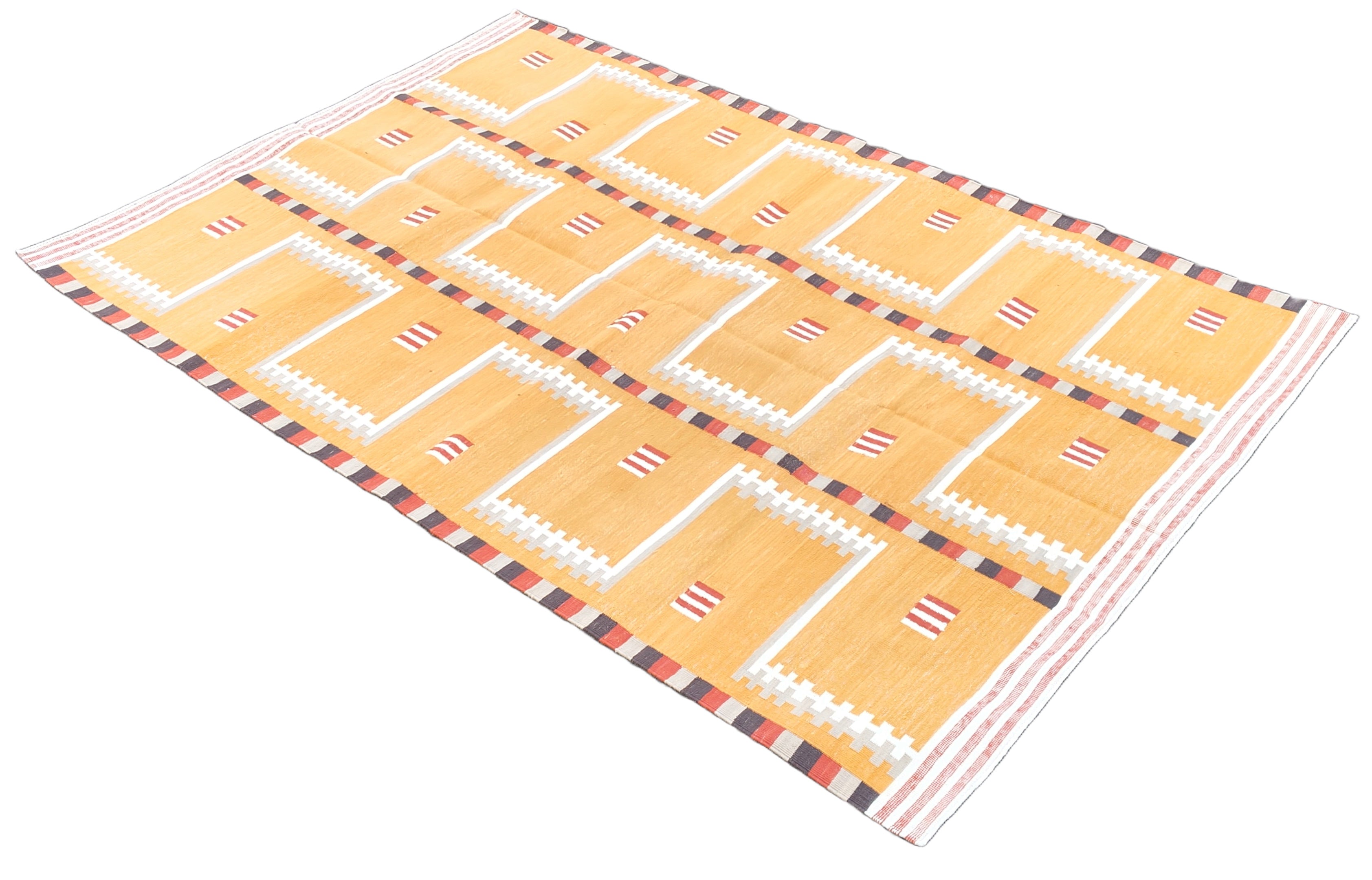 Modern Handmade Cotton Rug, 4x6 Mustard And Cream Geometric Rug-6776