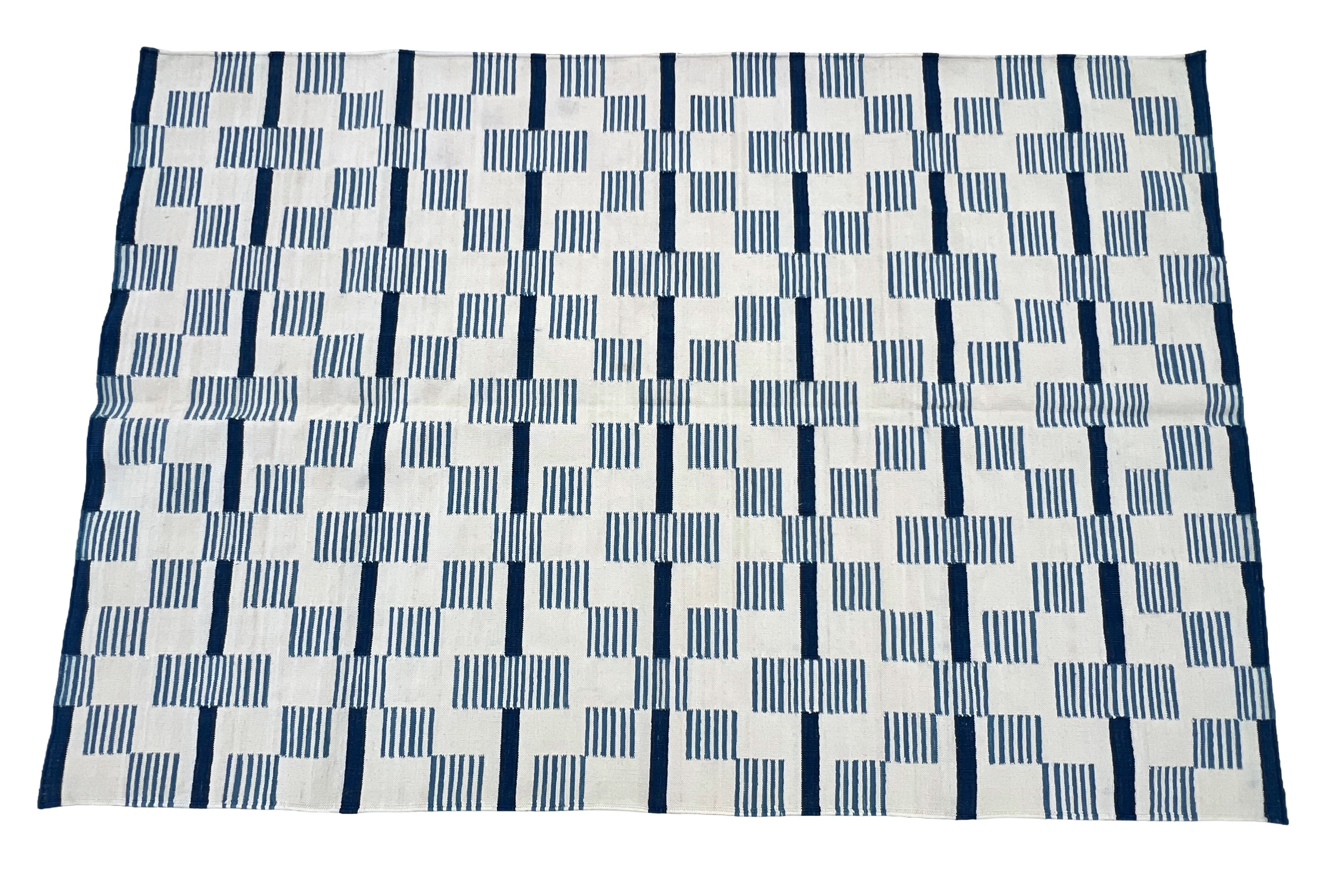 Modern Handmade Cotton Rug, 4x6 White And Blue Star And Dash Striped Rug-6846
