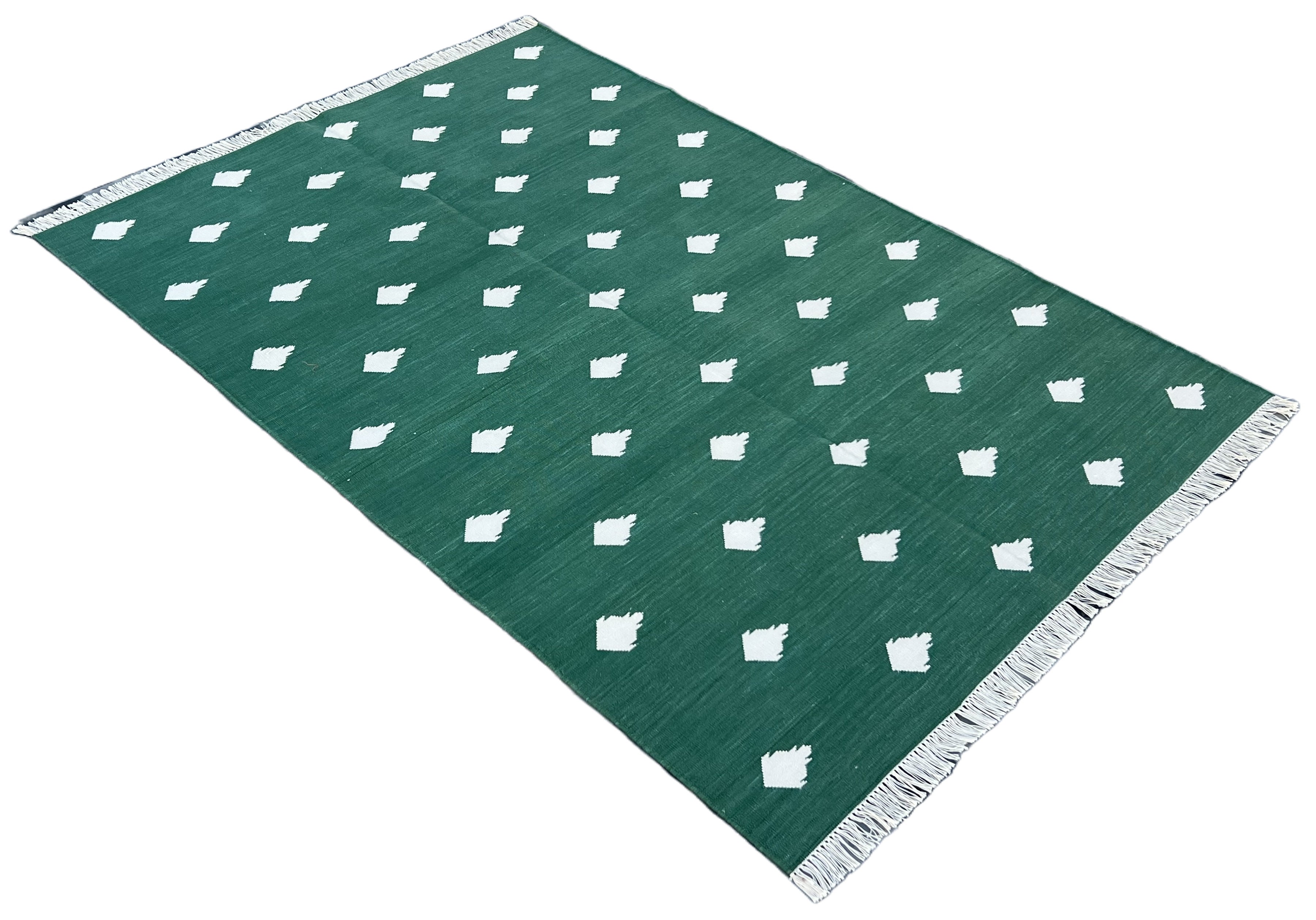 Modern Handmade Cotton Forest Green And White Leaf Patterned Area Rug-6851