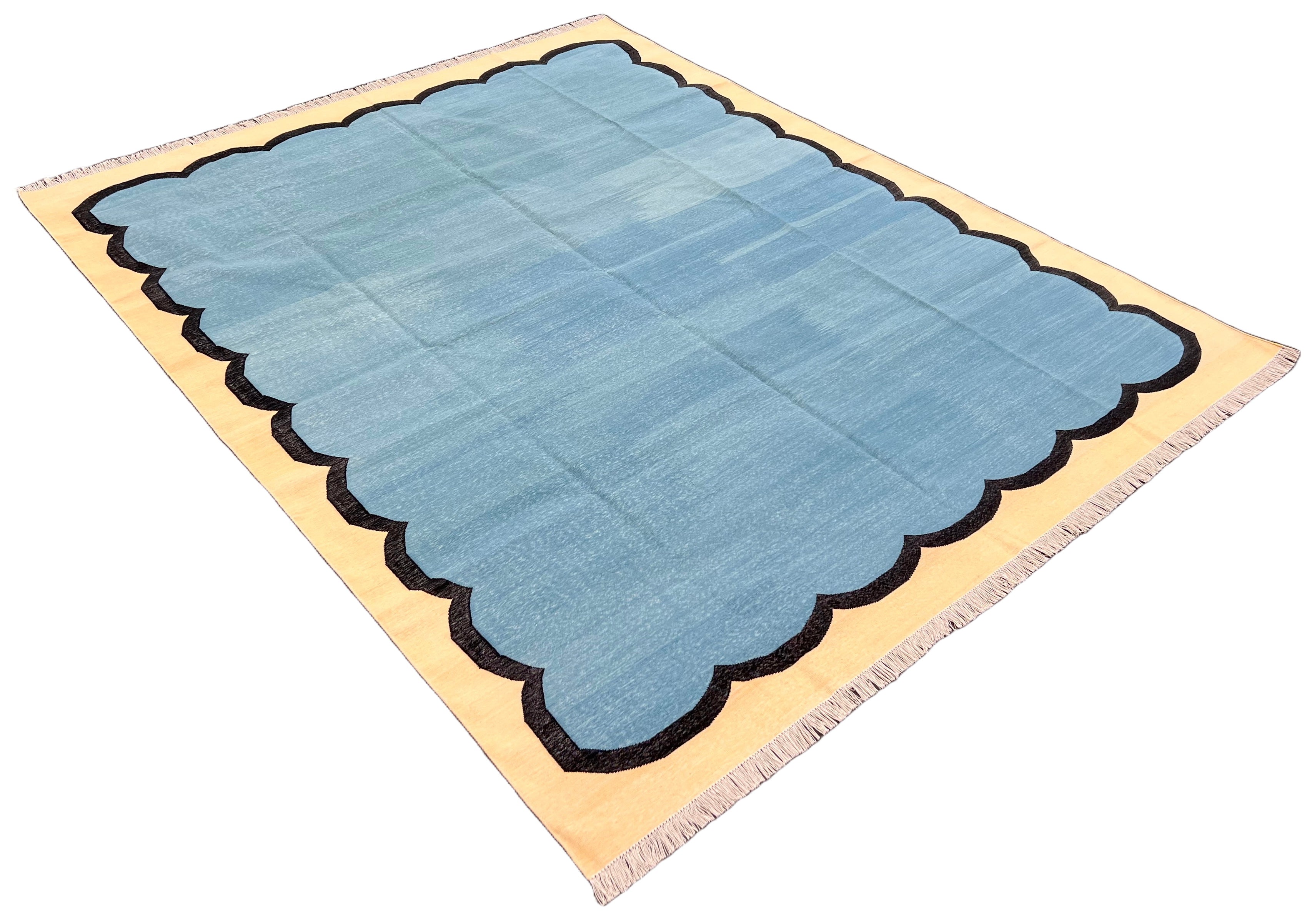 Modern Handmade Cotton Teal Blue, Black and Cream Scalloped Rug-6766