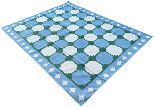 Modern Handmade Cotton Sky Blue And Green Geometric Swedish Star Rug-6813