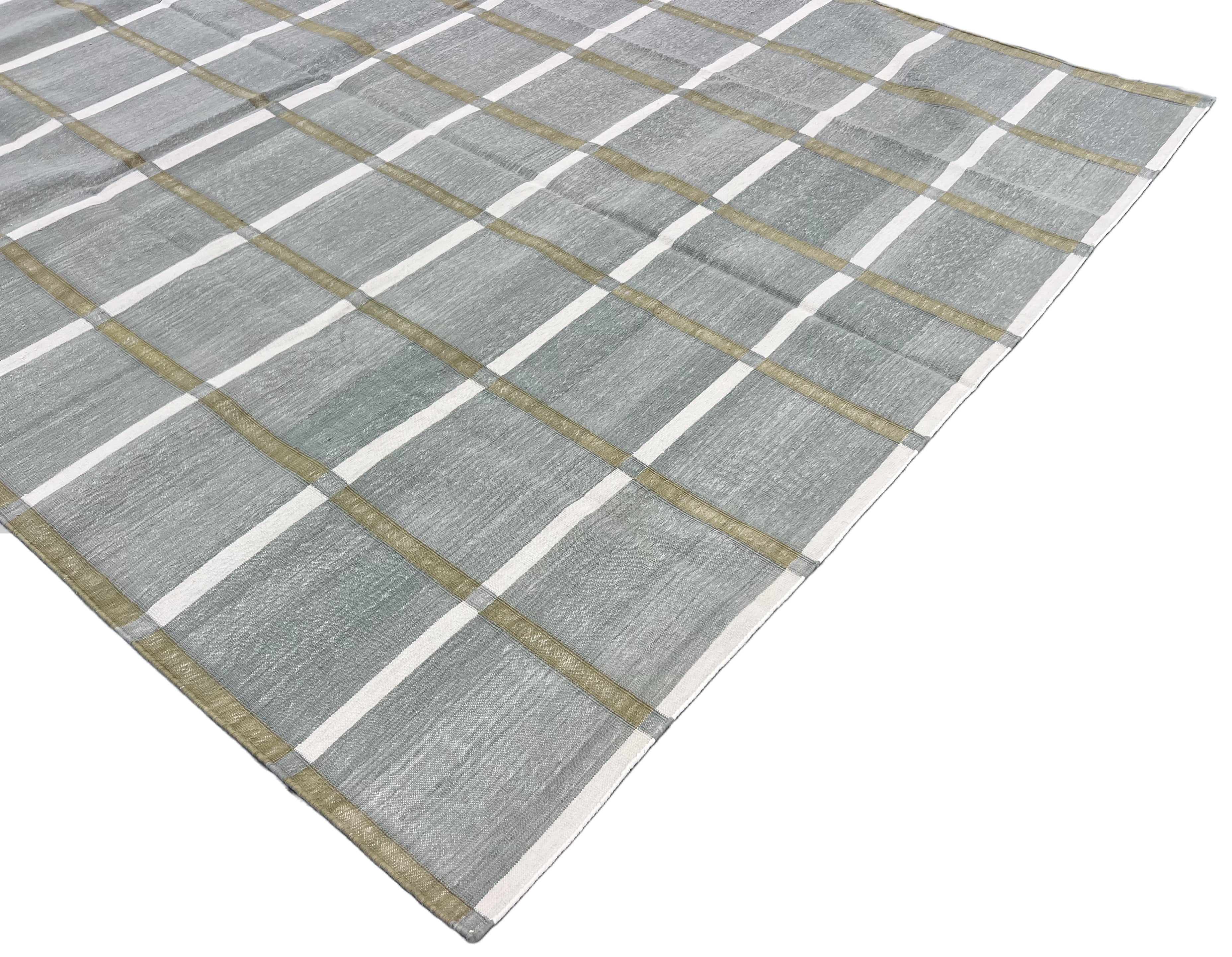 Modern Handmade Cotton Gray, Cream And Olive Green Windowpane Checked Area Rug-6853