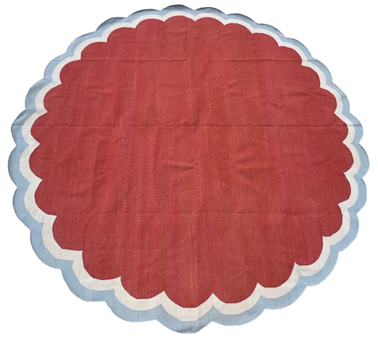Handmade Cotton Terracotta, Cream And Sky Blue Round Scalloped Rug -9669