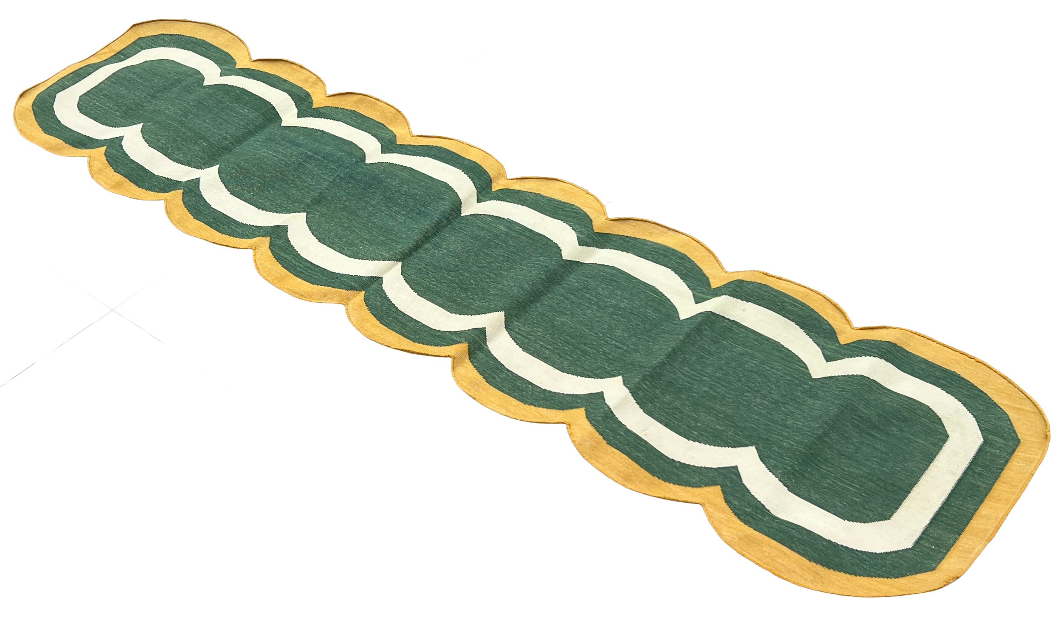 Modern Handmade Cotton Rug, 2x8 Green And Mustard Dhurrie Runner -9668