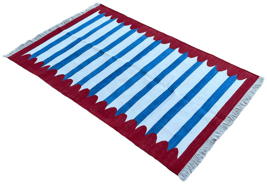 Modern Handmade Cotton Blue, White And Red Scalloped Striped Area Rug-6795