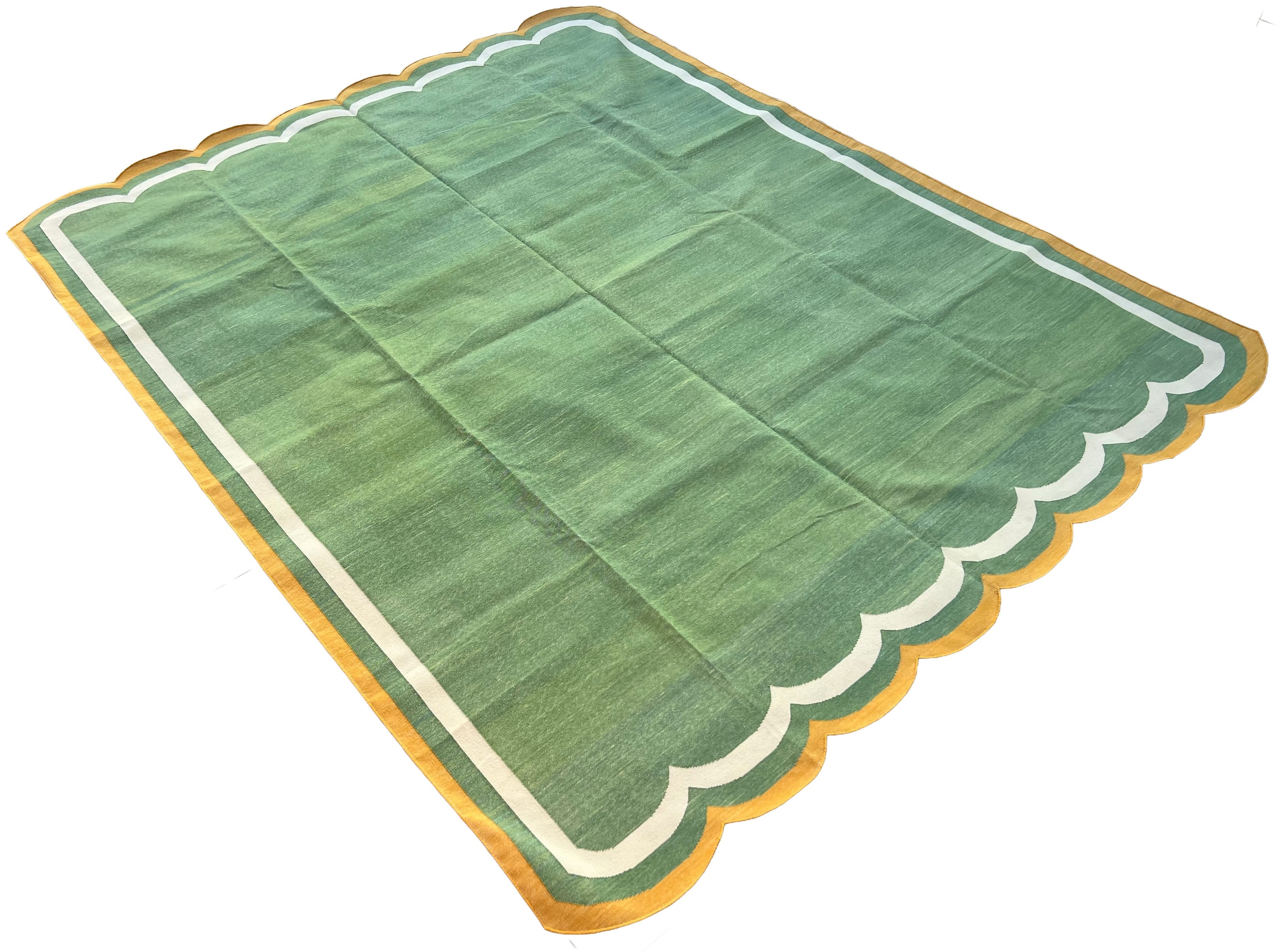 Modern Handmade Cotton Moss Green, Cream and Mustard Scalloped Rug-9667