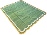 Modern Handmade Cotton Moss Green, Cream and Mustard Scalloped Rug-9667
