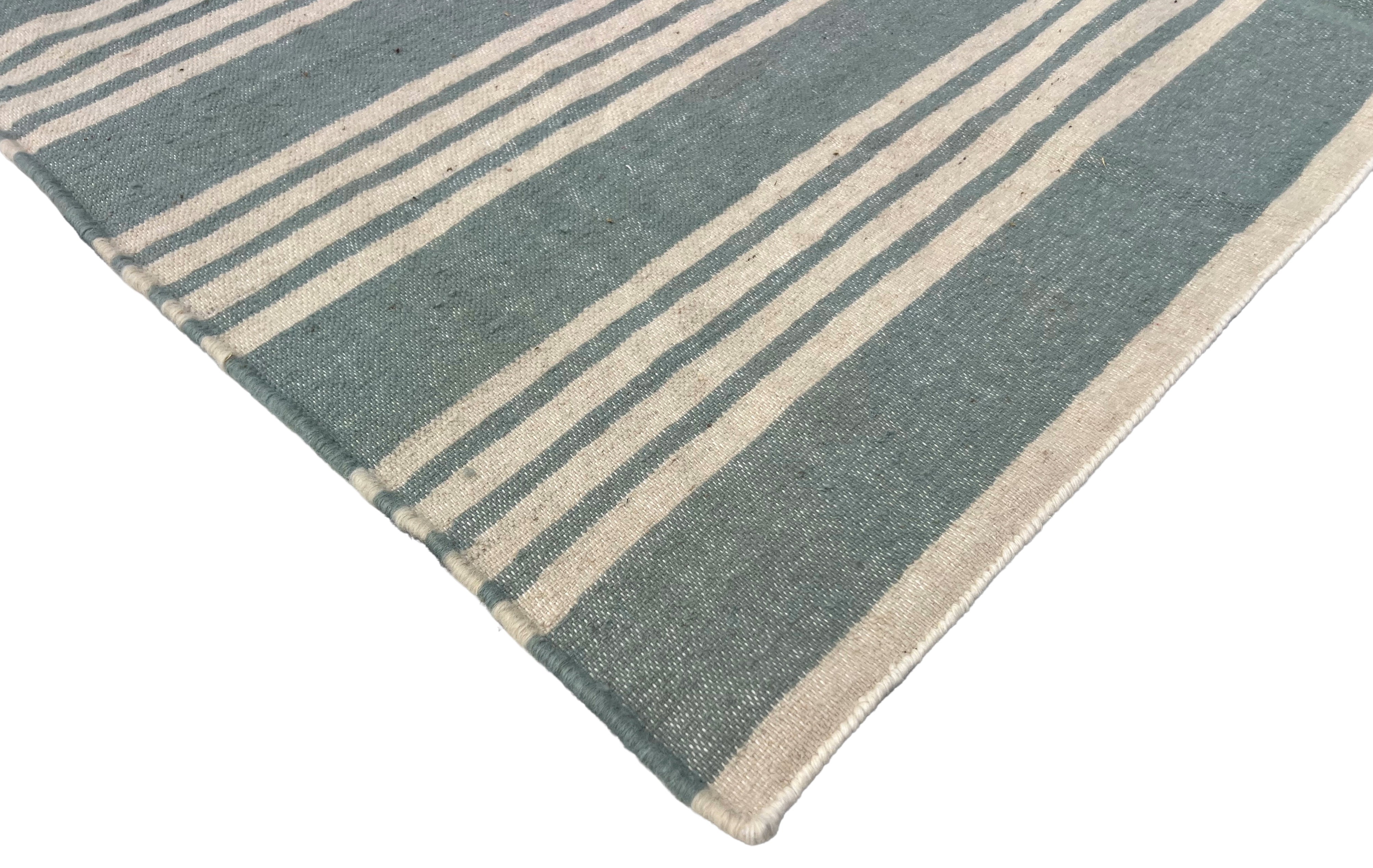 Modern Handmade Woolen Greyish Blue And White Striped Rug-6836
