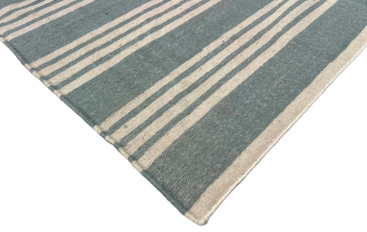 Modern Handmade Woolen Greyish Blue And White Striped Rug-6836