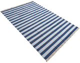 Modern Handmade Cotton Sky Blue And Orange Striped Area Rug-6830