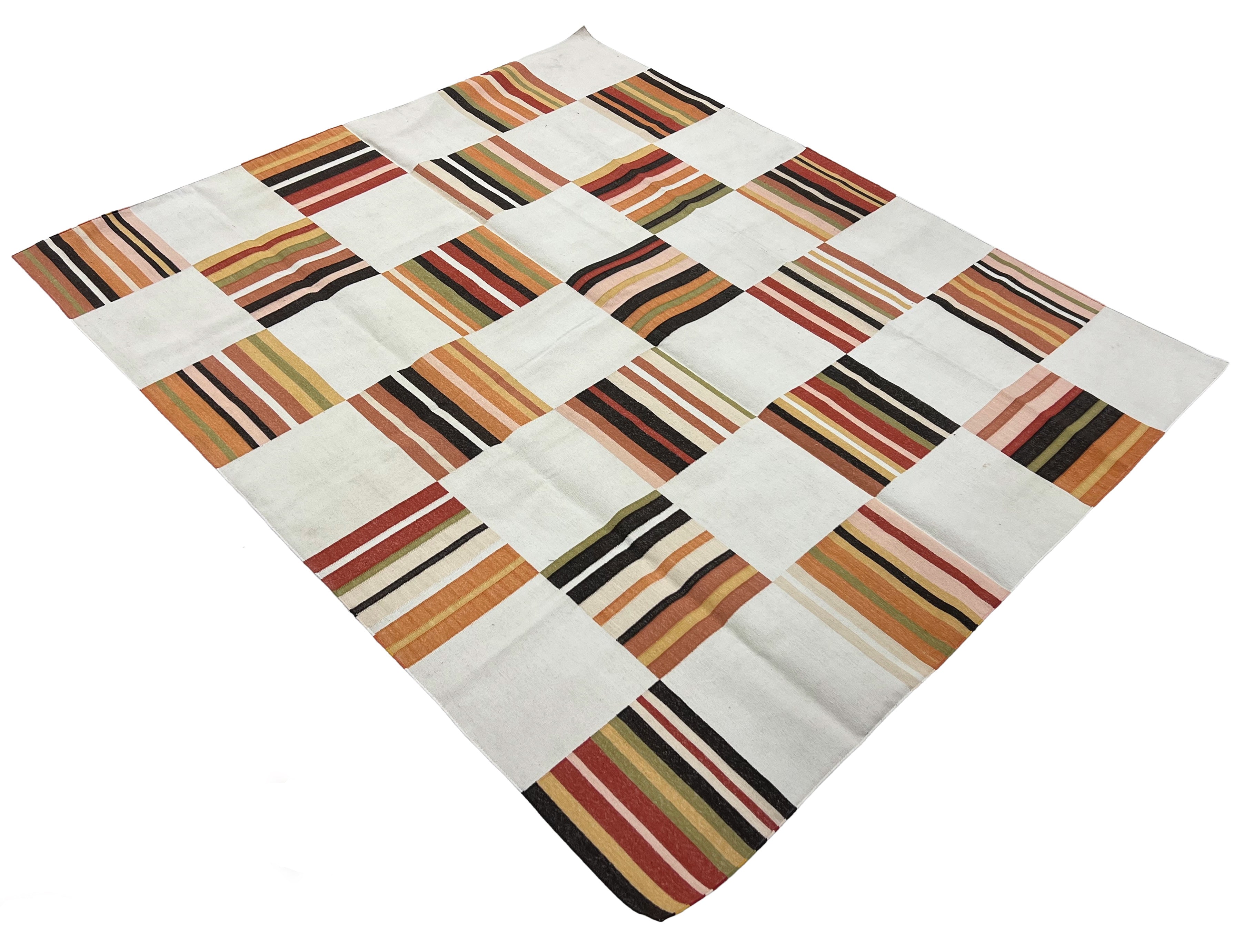 Modern Handmade Cotton Rug, 90"x105" Cream, Red Tile Striped Rug-6802