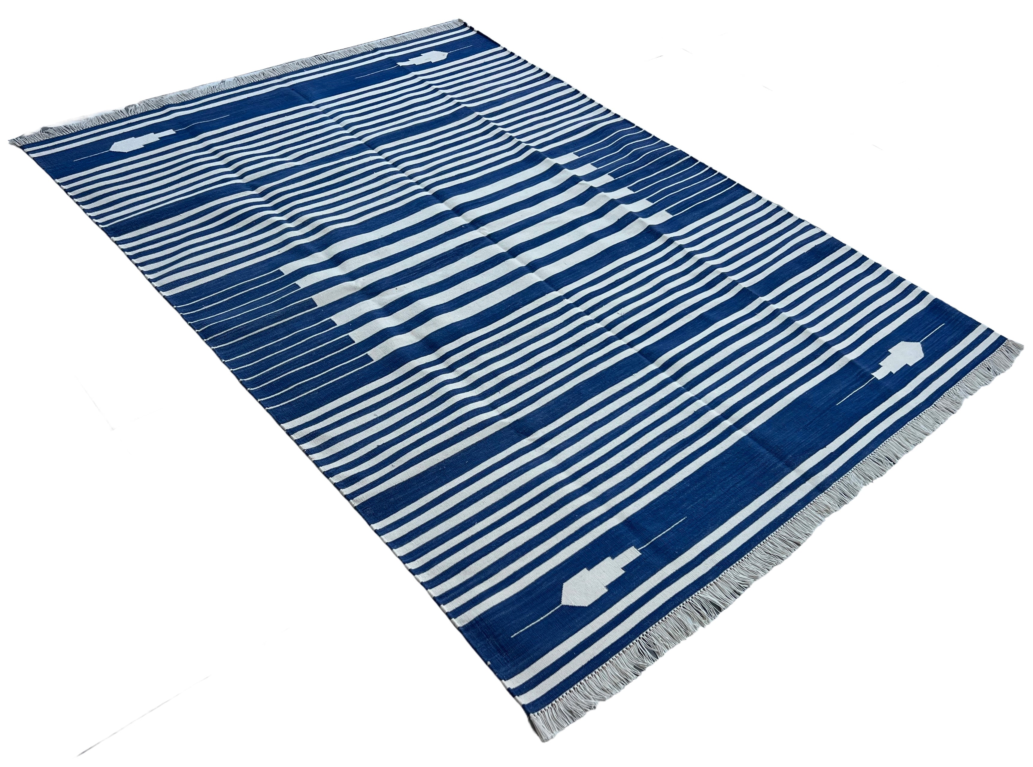Modern Handmade Cotton Indigo Blue And White Striped Area Rug-6826