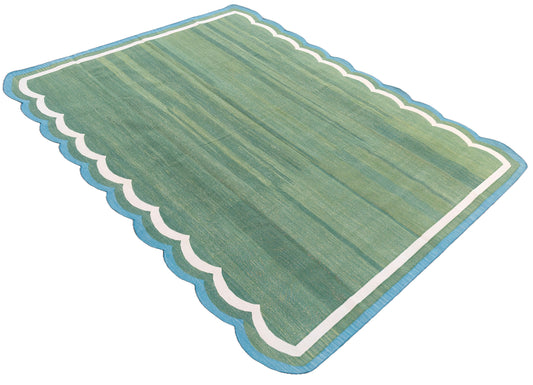 Modern Handmade Cotton Green, Cream and Teal Blue Scalloped Rug-9662