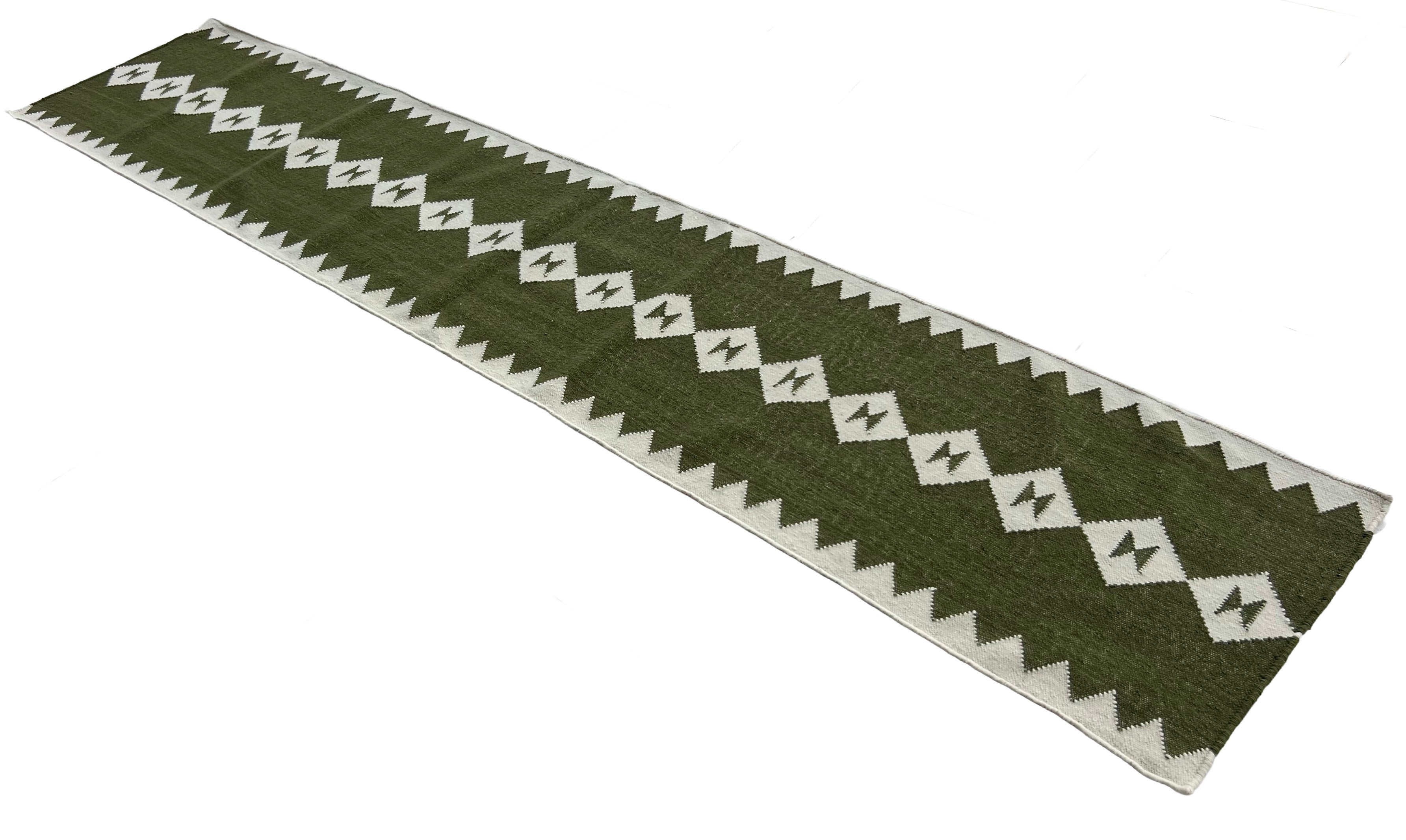 Modern Handmade New Zealand Wool Dark Olive Green And White Geometric Runner-6824