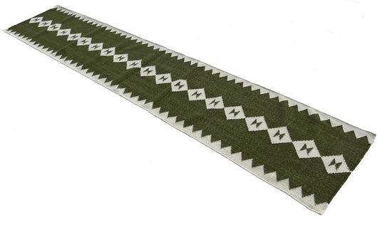 Modern Handmade New Zealand Wool Dark Olive Green And White Geometric Runner-6824