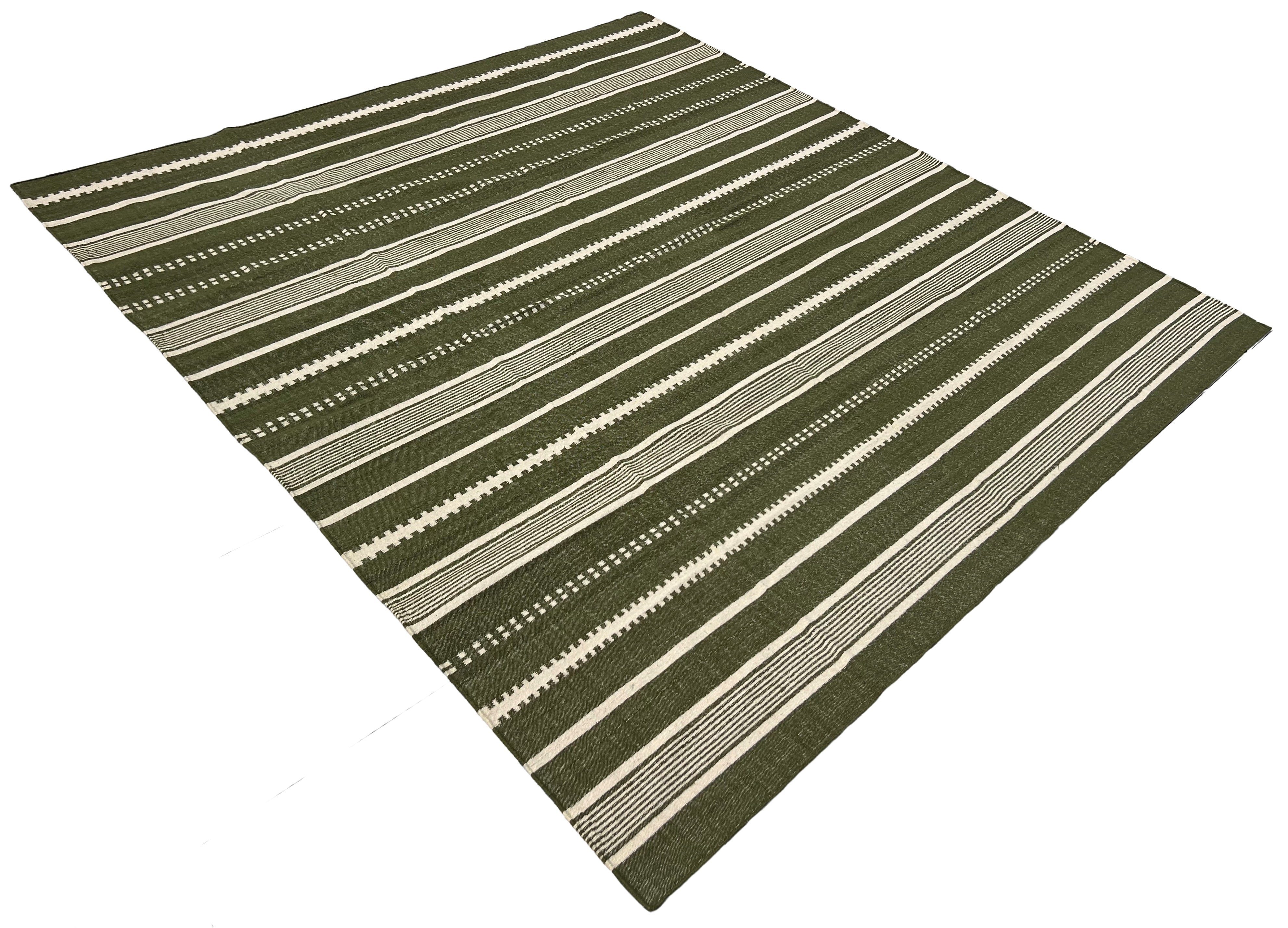 Modern Handmade Woolen Olive Green And White Striped Rug-6837