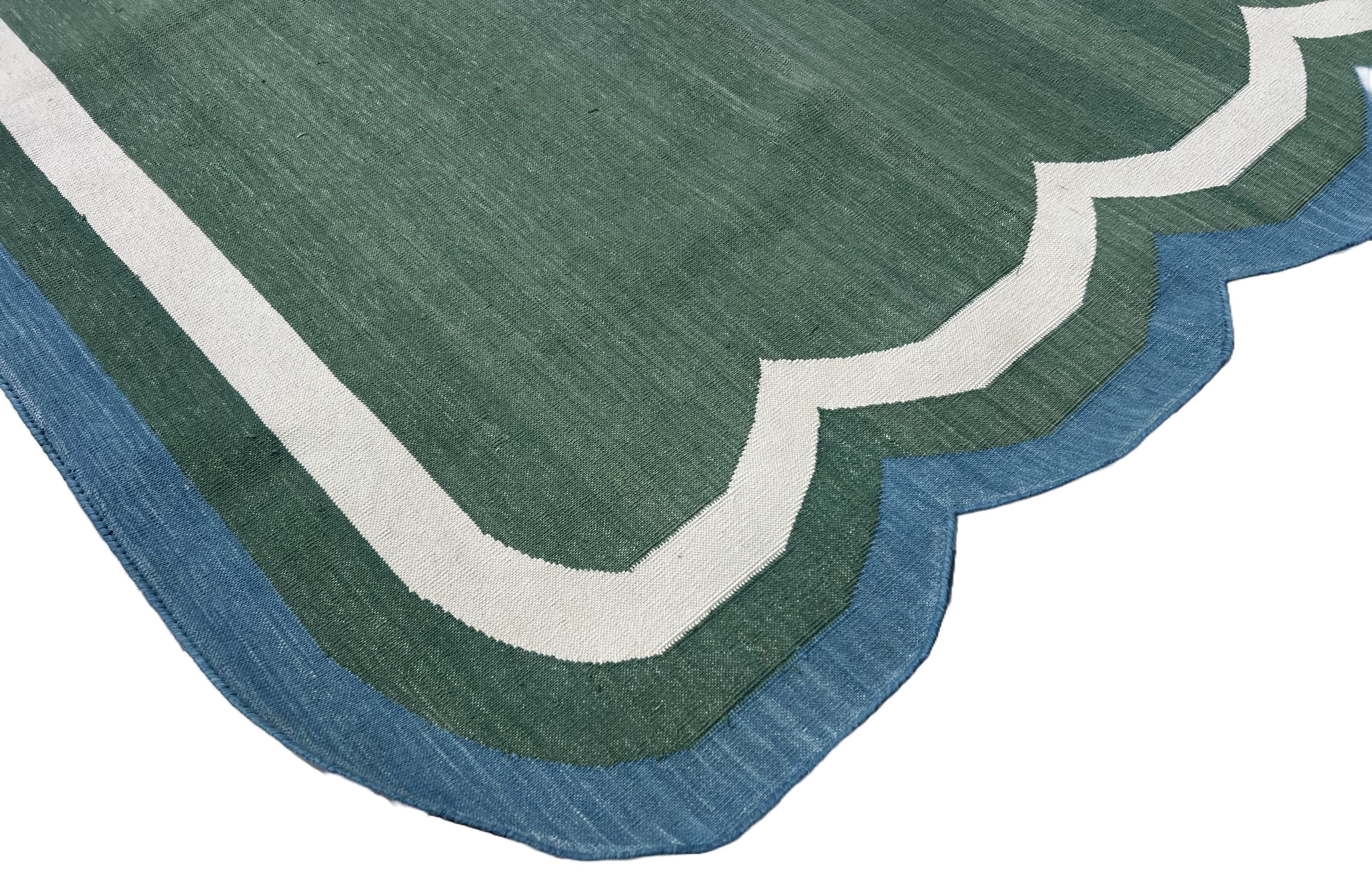 Modern Handmade Cotton Forest Green, Cream And Teal Blue Two Sided Scalloped Rug-9671