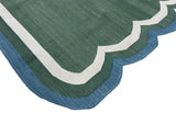Modern Handmade Cotton Forest Green, Cream And Teal Blue Two Sided Scalloped Rug-9671