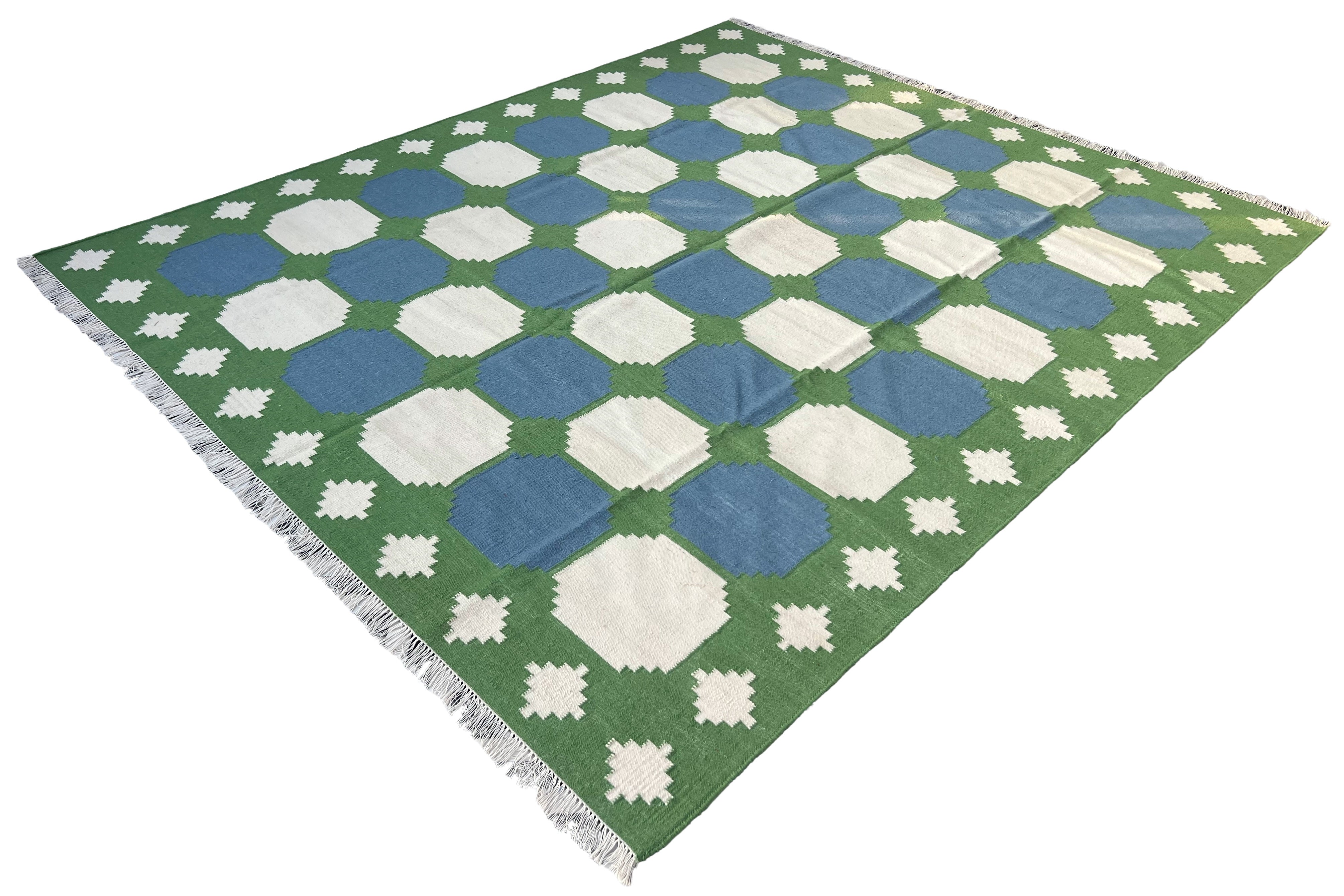 Modern Handmade Woolen Sky Blue, Green And Cream Swedish Tile Geometric Rug-6821