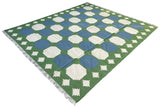 Modern Handmade Woolen Sky Blue, Green And Cream Swedish Tile Geometric Rug-6821