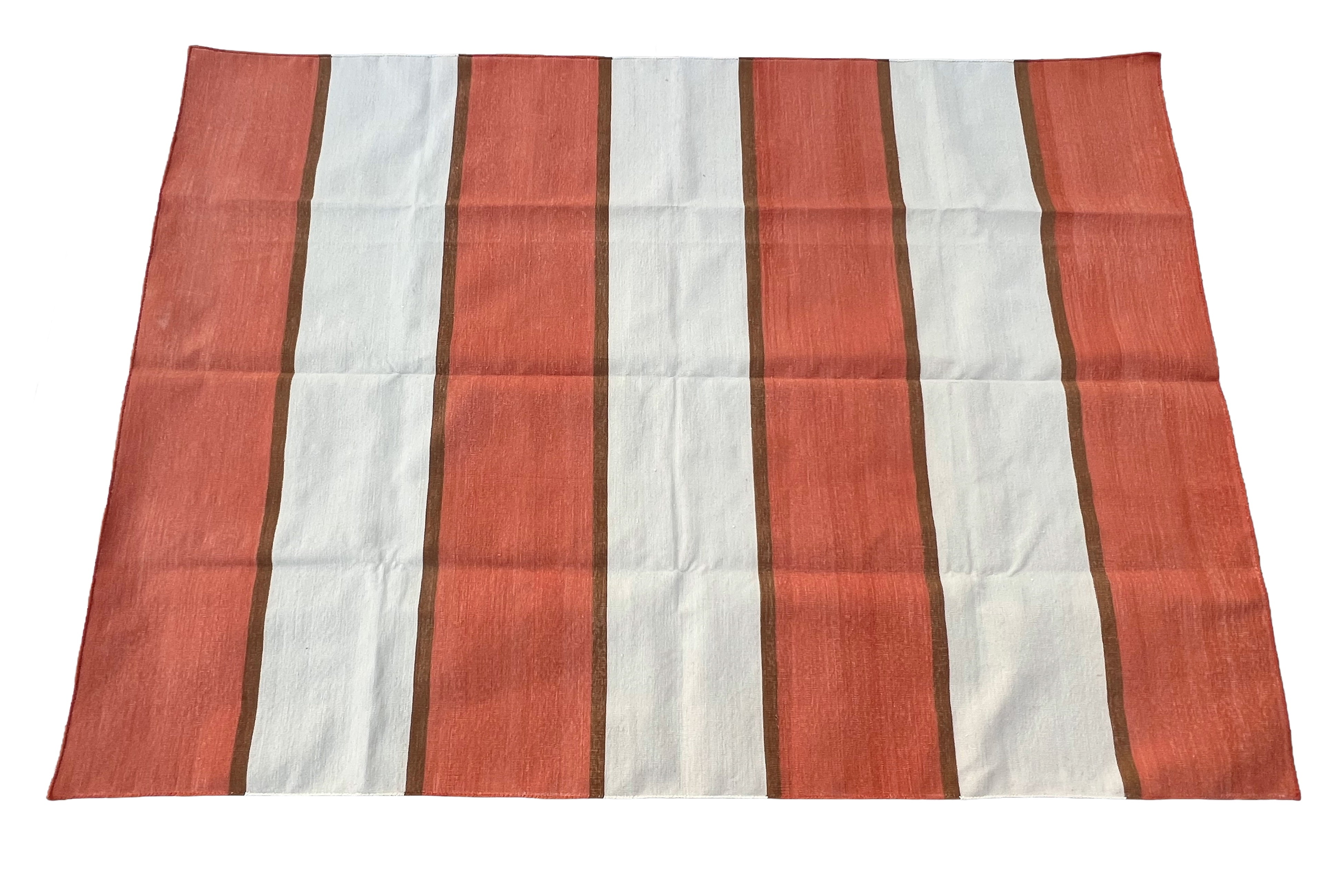 Modern Handmade Cotton Orange, Cream And Tan Striped Area Rug-6812