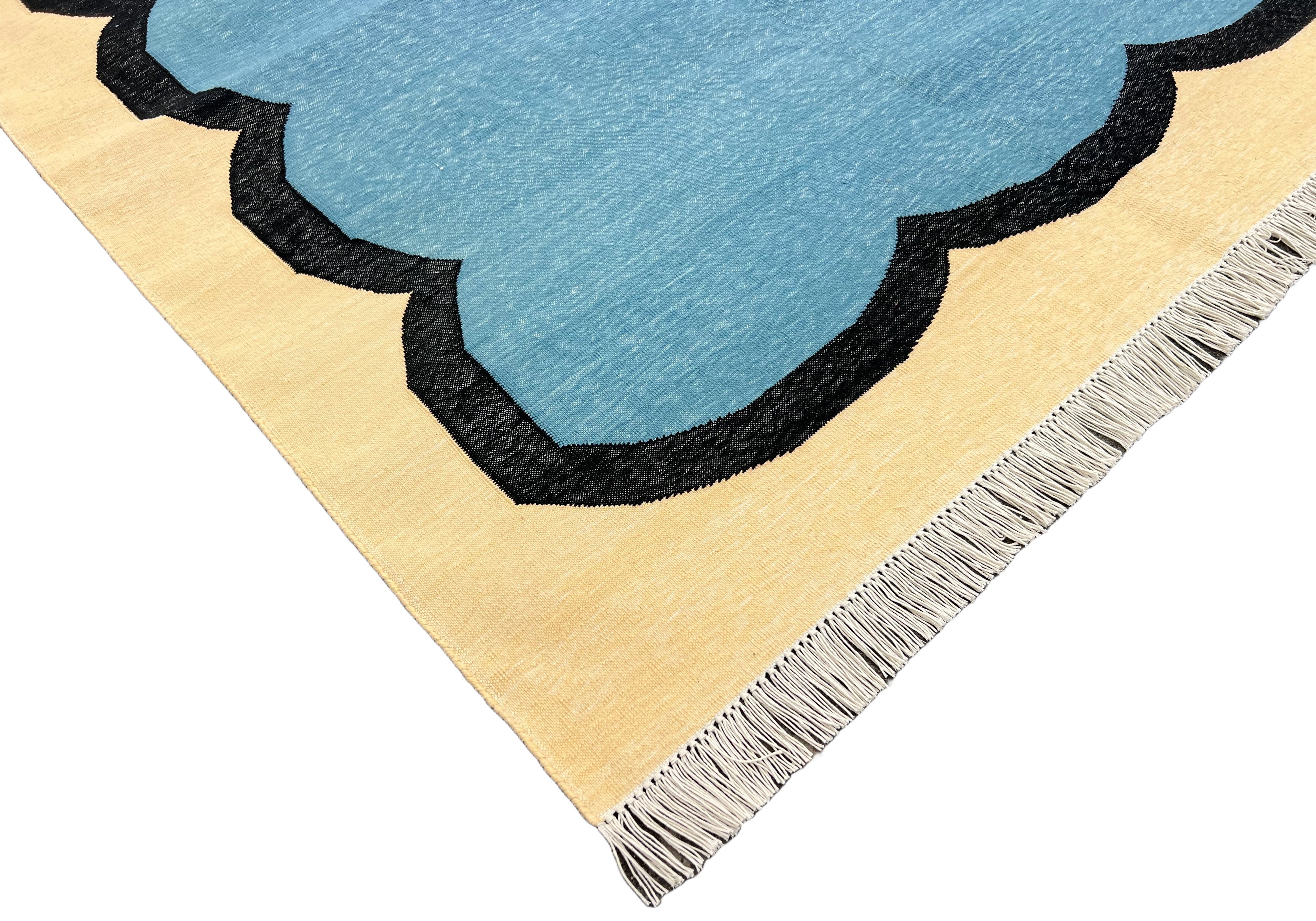 Modern Handmade Cotton Teal Blue, Black and Cream Scalloped Rug-6766
