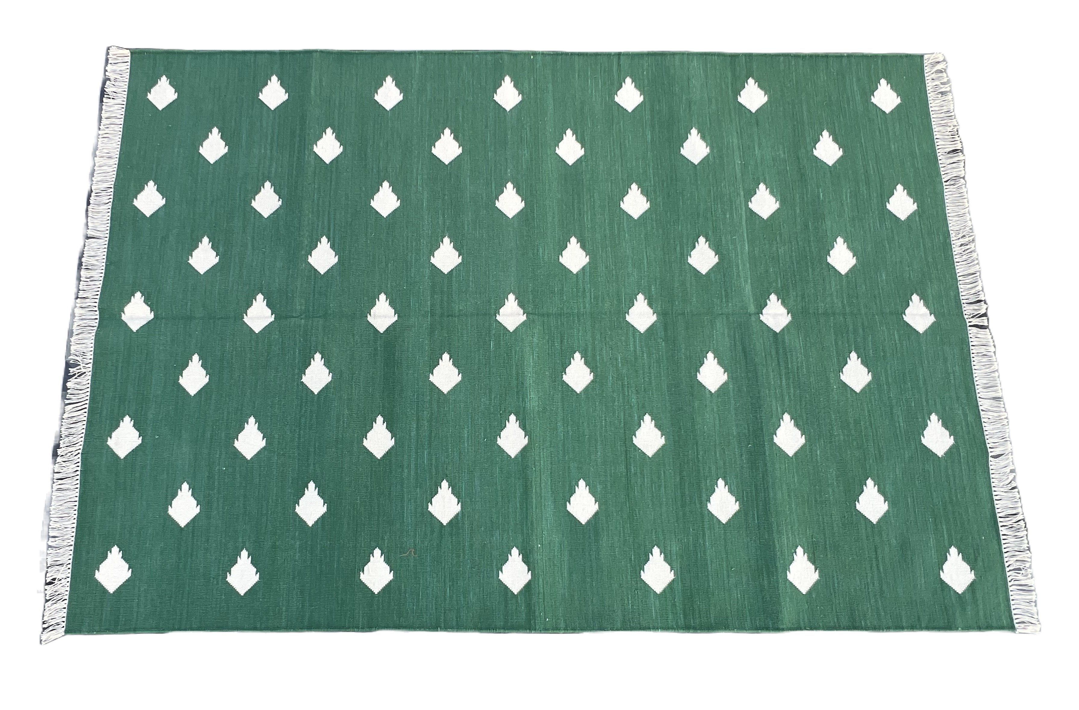 Modern Handmade Cotton Forest Green And White Leaf Patterned Area Rug-6851
