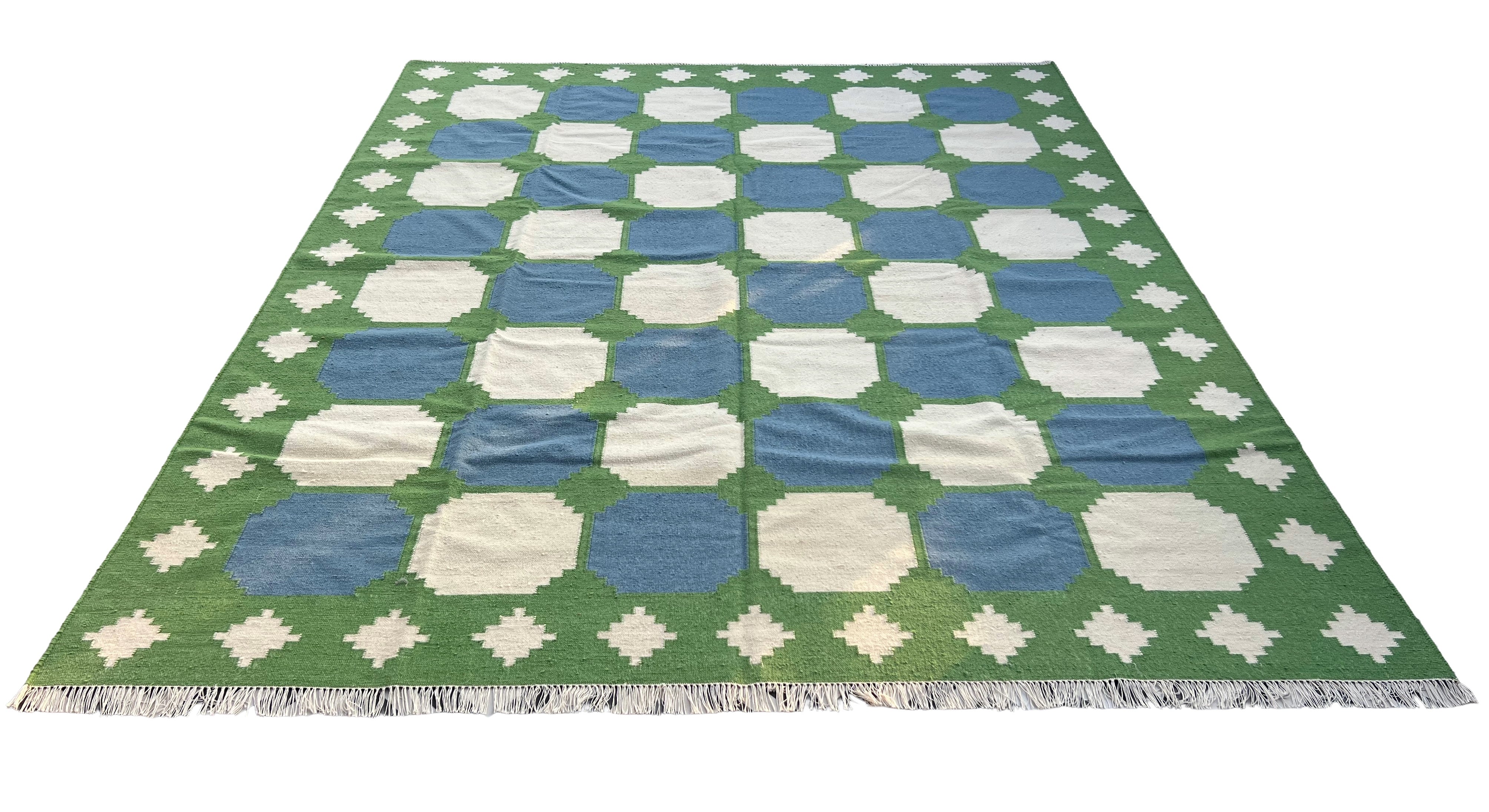 Modern Handmade Woolen Sky Blue, Green And Cream Swedish Tile Geometric Rug-6821