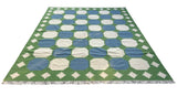 Modern Handmade Woolen Sky Blue, Green And Cream Swedish Tile Geometric Rug-6821
