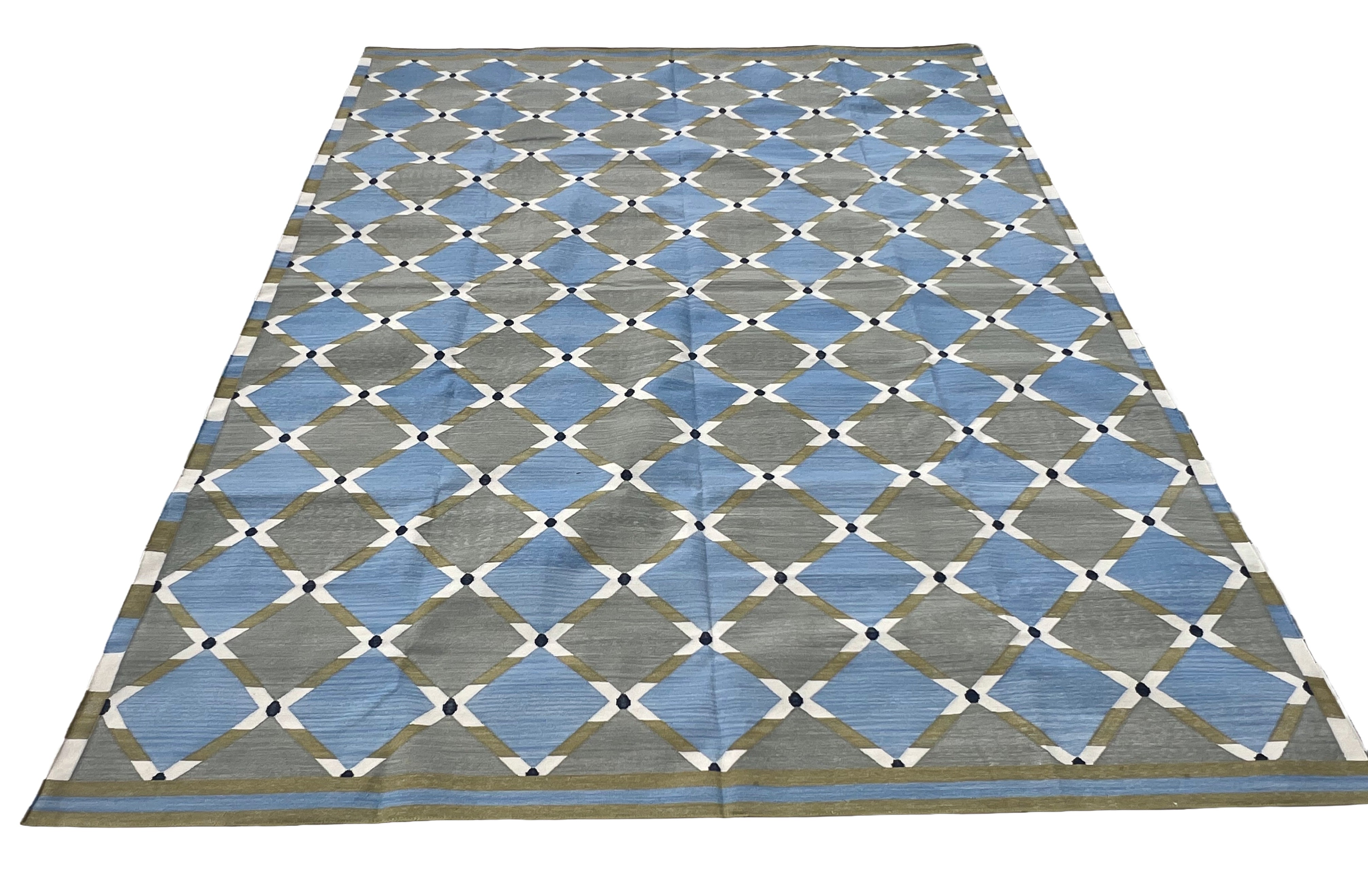 Modern Handmade Cotton Grey, Blue, Cream And Green Geometric Area Rug-6834