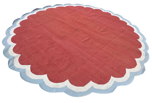 Handmade Cotton Terracotta, Cream And Sky Blue Round Scalloped Rug -9669