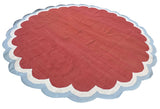 Handmade Cotton Terracotta, Cream And Sky Blue Round Scalloped Rug -9669