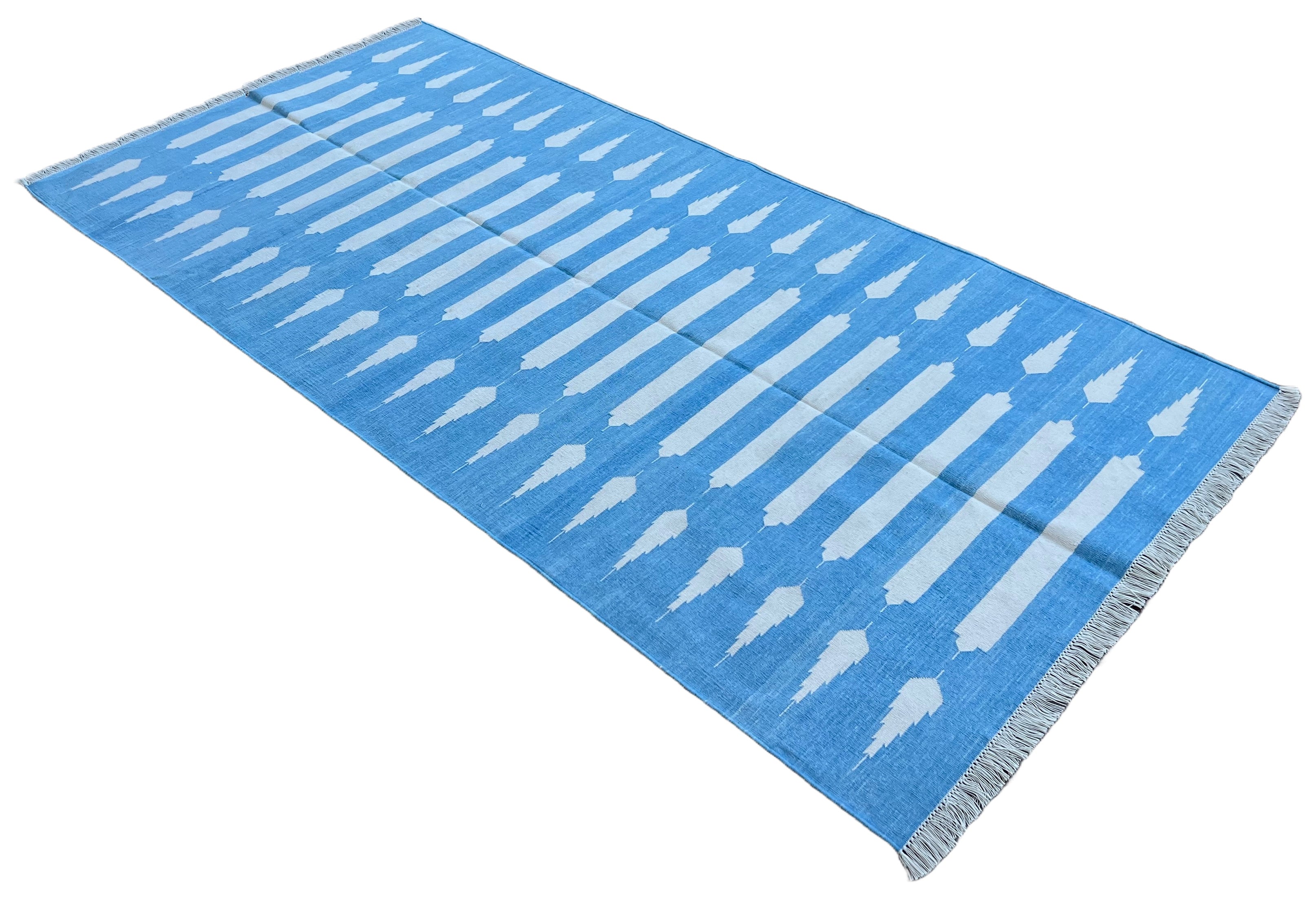 Modern Handmade Cotton Sky Blue And White Striped Dhurrie Runner-6792