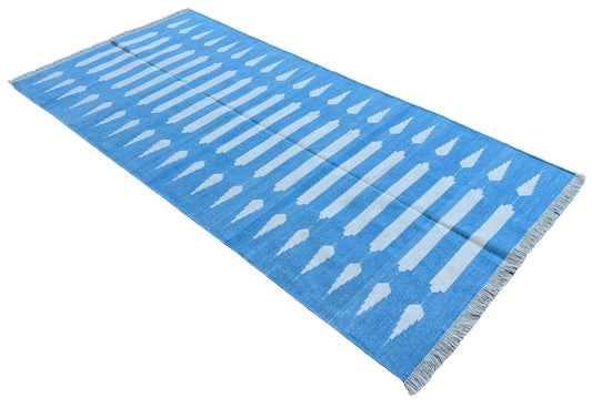 Modern Handmade Cotton Sky Blue And White Striped Dhurrie Runner-6792