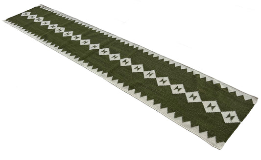 Modern Handmade New Zealand Wool Dark Olive Green And White Geometric Runner-6824