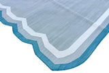 Modern Handmade Cotton Gray, Cream and Teal Blue Scalloped Rug-9661